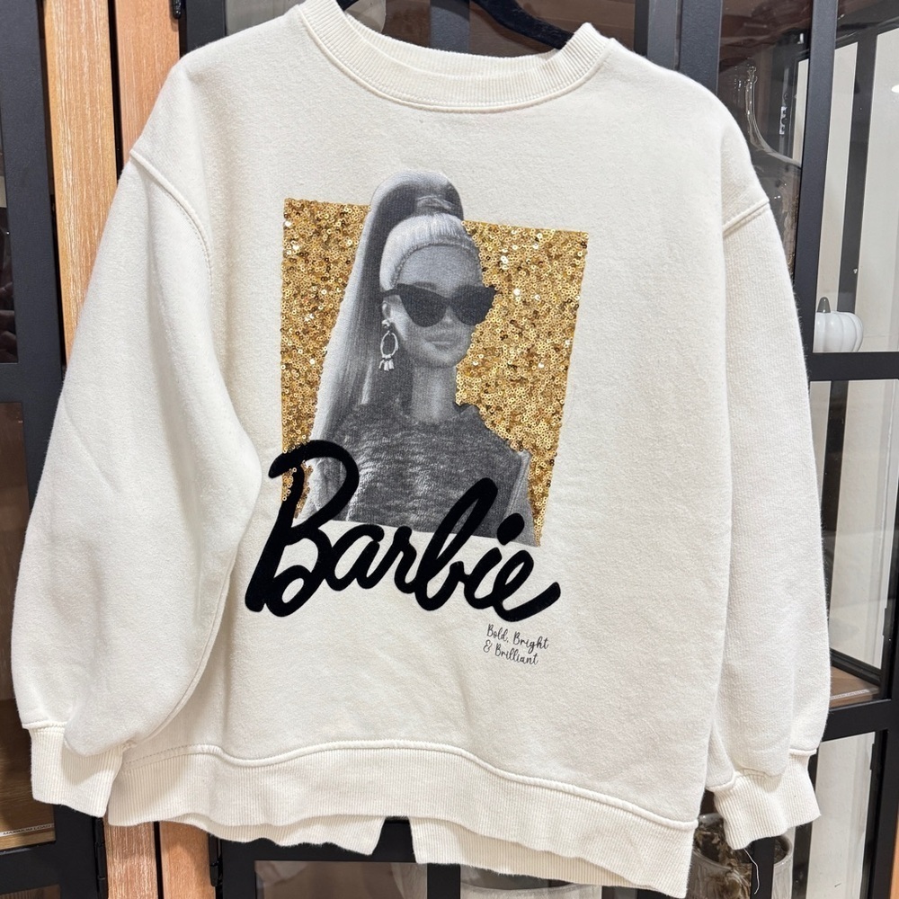 Zara Kids Barbie sequins sweater crewneck sweatshirt pullover ribbed girls beige